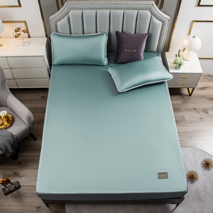 91家纺网 家纺一手货源 找家纺 潮邦 2025新款可水洗四公分松紧整圈柔软清凉冰丝凉席床笠款 碧玉青