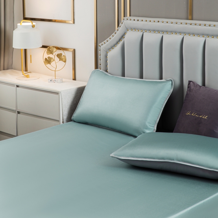 91家纺网 家纺一手货源 找家纺 潮邦 2025新款可水洗四公分松紧整圈柔软清凉冰丝凉席床笠款 碧玉青