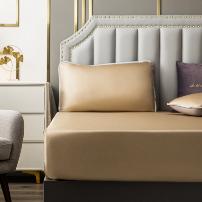 91家纺网 家纺一手货源 找家纺 潮邦 2025新款可水洗四公分松紧整圈柔软清凉冰丝凉席床笠款 香槟金