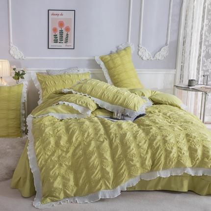 91家纺网 家纺一手货源 找家纺 仟网汇 2022新款方格雪纺边泡泡纱四件套 芥末绿