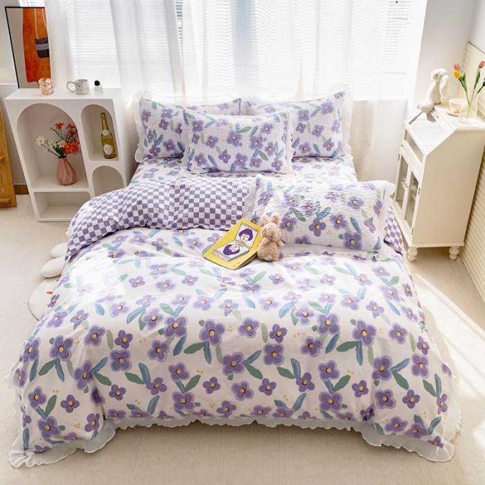 91家纺网 家纺一手货源 找家纺 仟网汇2022全棉喷气13070床盖三件套四件套花语柔情紫