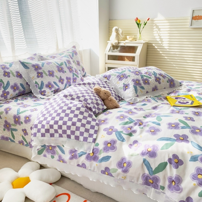 91家纺网 家纺一手货源 找家纺 仟网汇2022全棉喷气13070床盖三件套四件套花语柔情紫