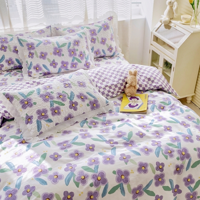 91家纺网 家纺一手货源 找家纺 仟网汇2022全棉喷气13070床盖三件套四件套花语柔情紫