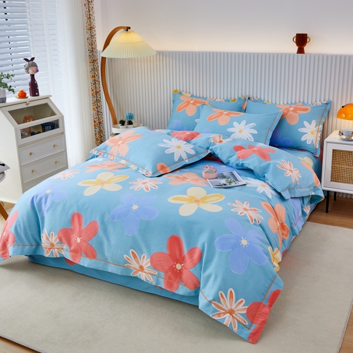 91家纺网 家纺一手货源 找家纺 杜先生 2023新款全棉加厚磨毛系列四件套 花语时光-蓝