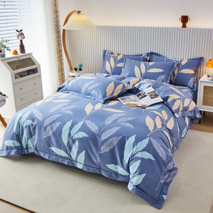 91家纺网 家纺一手货源 找家纺 杜先生 2023新款全棉加厚磨毛系列四件套 叶叶相随-蓝