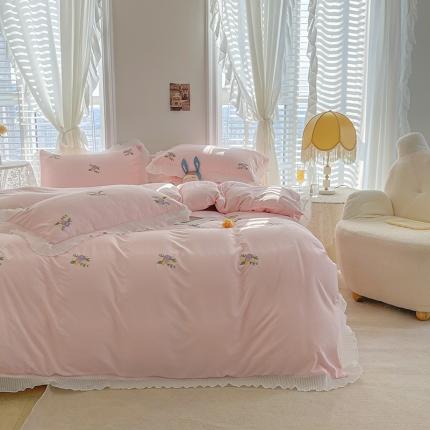 91家纺网 家纺一手货源 找家纺 琪格格2022年水洗棉绣花仙女款四件套小花系列 小花-浅粉