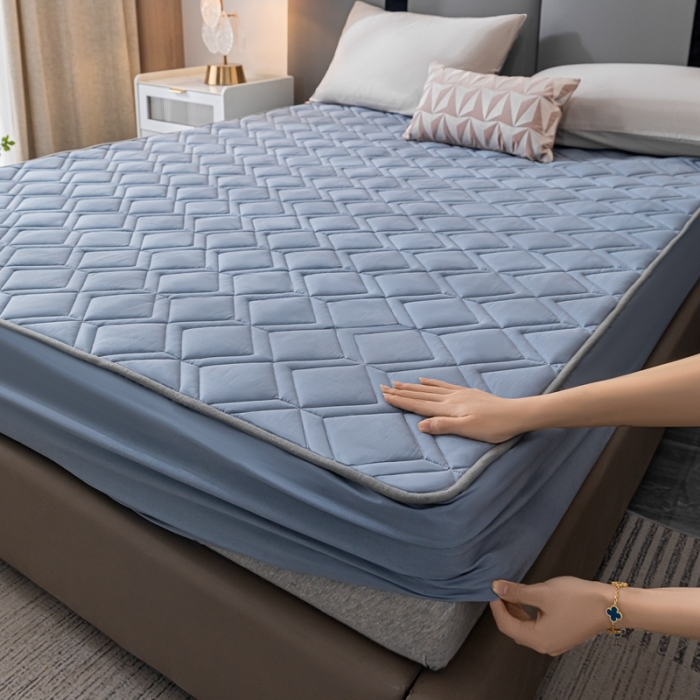 91家纺网 家纺一手货源 找家纺 鑫钰 2023新款全棉大豆床笠纯棉抗菌夹棉床笠床垫保护罩 蓝