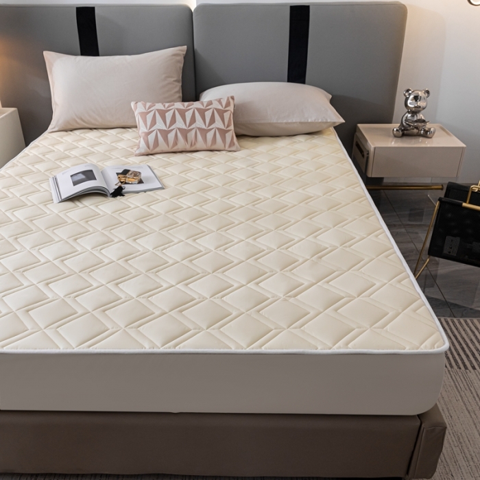 91家纺网 家纺一手货源 找家纺 鑫钰 2023新款全棉大豆床笠纯棉抗菌夹棉床笠床垫保护罩米白