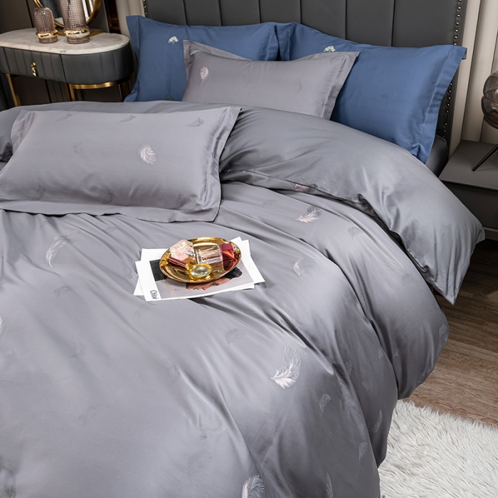 91家纺网 家纺一手货源 找家纺 品乐2023新款120支苏绣锦缎四件套 轻之妙恋-铂金灰