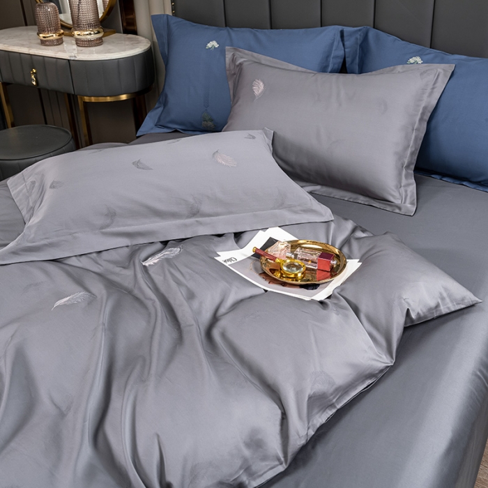 91家纺网 家纺一手货源 找家纺 品乐2023新款120支苏绣锦缎四件套 轻之妙恋-铂金灰