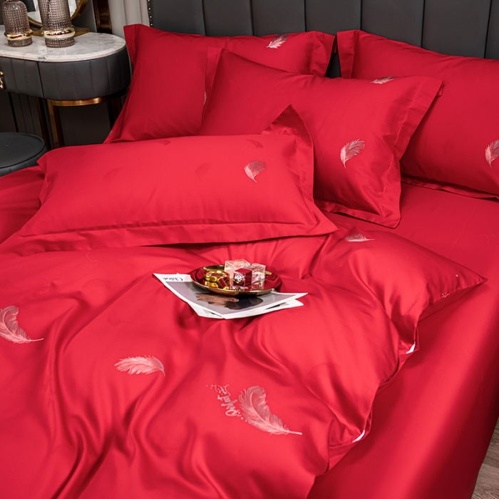 91家纺网 家纺一手货源 找家纺 品乐2023新款120支苏绣锦缎四件套 轻之妙恋-大红