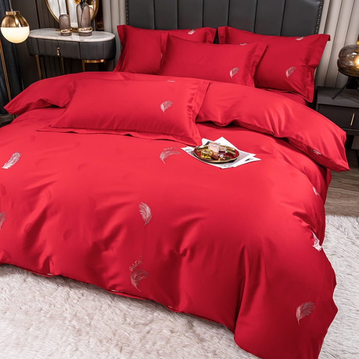 91家纺网 家纺一手货源 找家纺 品乐2023新款120支苏绣锦缎四件套 轻之妙恋-大红