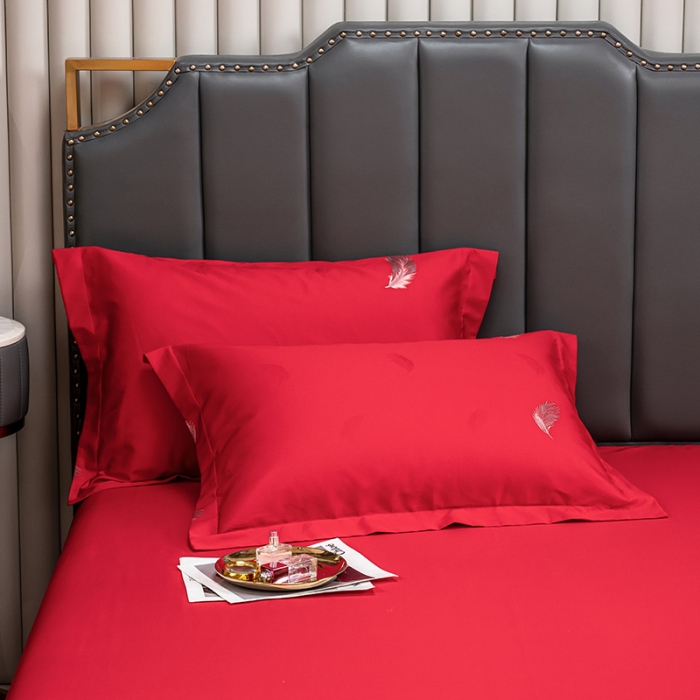 91家纺网 家纺一手货源 找家纺 品乐2023新款120支苏绣锦缎四件套 轻之妙恋-大红