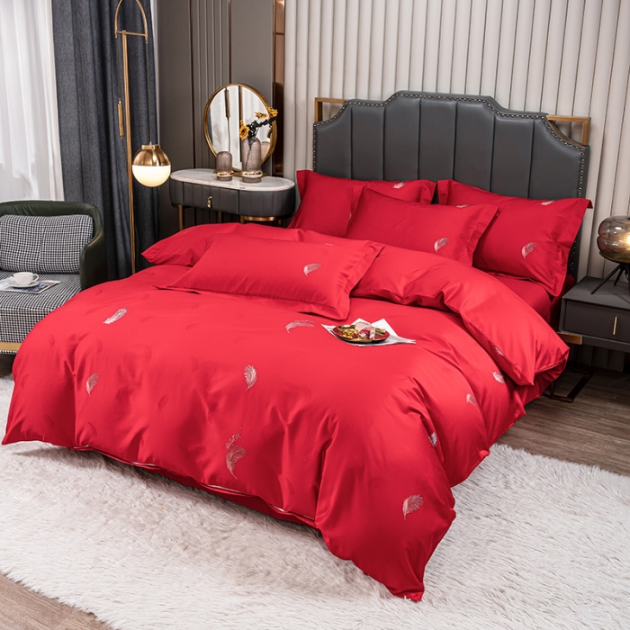 91家纺网 家纺一手货源 找家纺 品乐2023新款120支苏绣锦缎四件套 轻之妙恋-大红