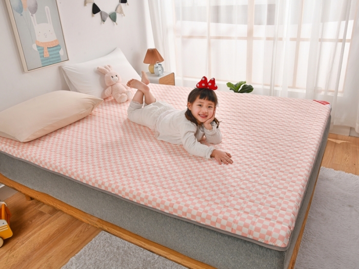 91家纺网 家纺一手货源 找家纺 鑫钰  2023全棉新款全棉棋盘格榻榻米加厚床垫 棋盘格 粉