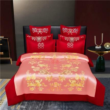 91家纺网 家纺一手货源 找家纺 2025新款婚庆磨毛四件套多件套 龙凤子孙-粉