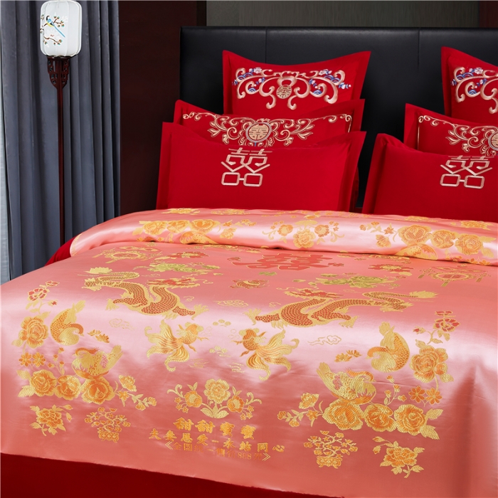 91家纺网 家纺一手货源 找家纺 2025新款婚庆磨毛四件套多件套 龙凤子孙-粉