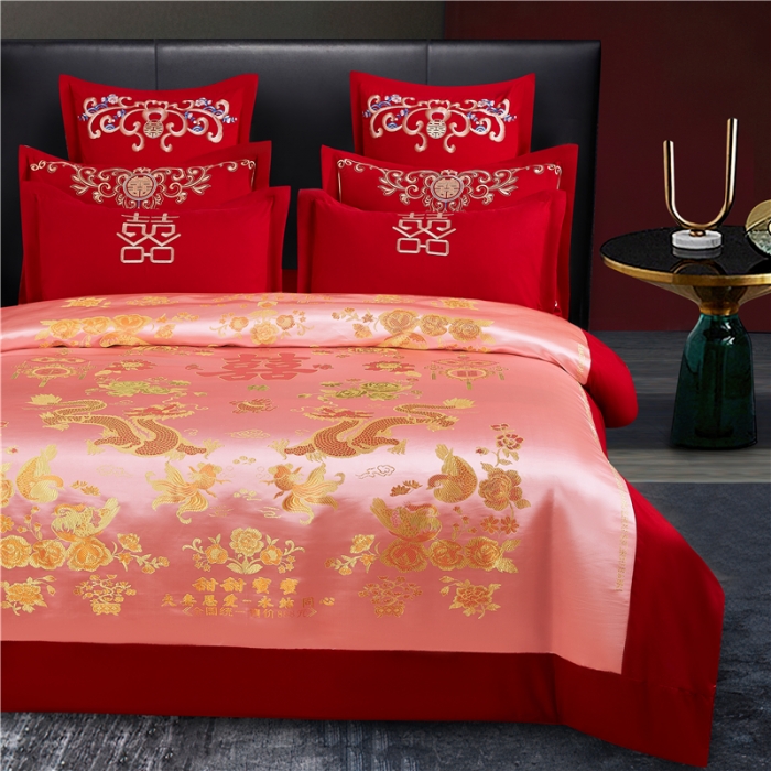 91家纺网 家纺一手货源 找家纺 2025新款婚庆磨毛四件套多件套 龙凤子孙-粉