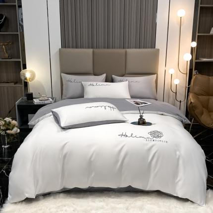 91家纺网 家纺一手货源 找家纺 2023新款水洗贡缎+水洗棉（若梦系列）本白-浅灰