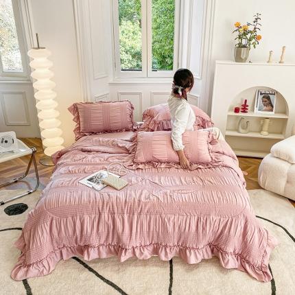 91家纺网 家纺一手货源 找家纺 吾诺 2022 梦幻泡泡纱夏被四件套公主风小清新韩版 梦幻粉