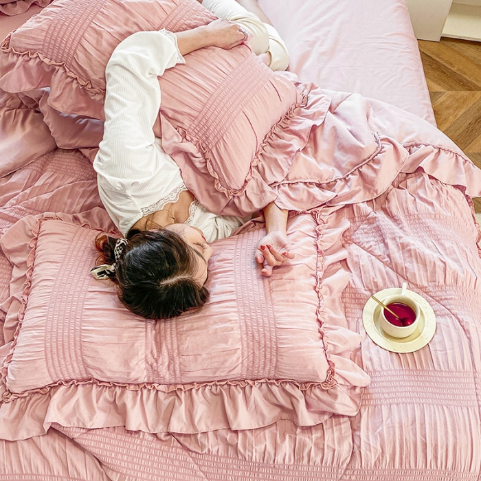 91家纺网 家纺一手货源 找家纺 吾诺 2022 梦幻泡泡纱夏被四件套公主风小清新韩版 梦幻粉