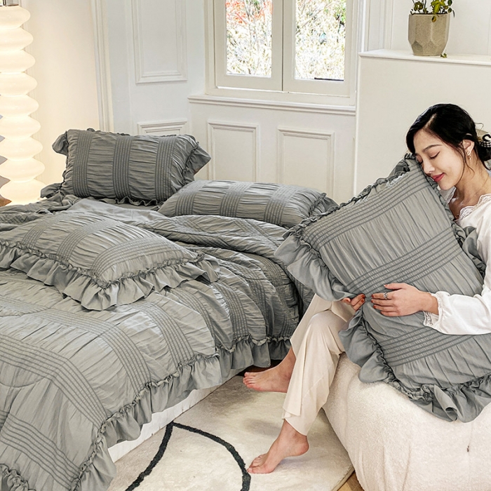 91家纺网 家纺一手货源 找家纺 吾诺 2022 梦幻泡泡纱夏被四件套公主风小清新韩版 梦幻灰