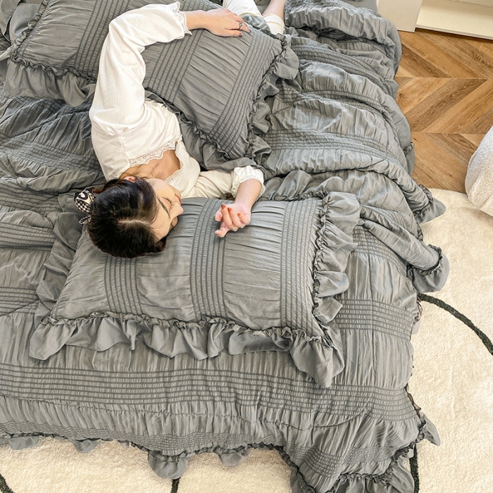 91家纺网 家纺一手货源 找家纺 吾诺 2022 梦幻泡泡纱夏被四件套公主风小清新韩版 梦幻灰