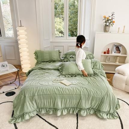 91家纺网 家纺一手货源 找家纺 吾诺 2022 梦幻泡泡纱夏被四件套公主风小清新韩版 梦幻绿