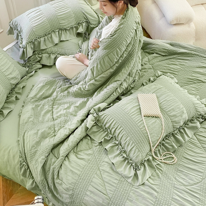 91家纺网 家纺一手货源 找家纺 吾诺 2022 梦幻泡泡纱夏被四件套公主风小清新韩版 梦幻绿