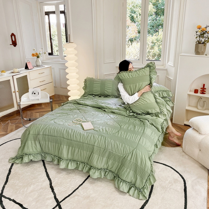 91家纺网 家纺一手货源 找家纺 吾诺 2022 梦幻泡泡纱夏被四件套公主风小清新韩版 梦幻绿