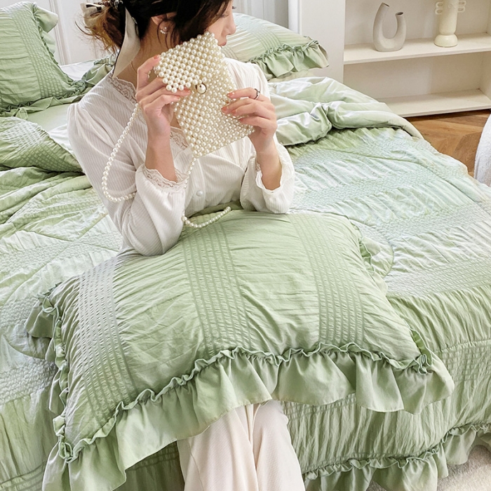 91家纺网 家纺一手货源 找家纺 吾诺 2022 梦幻泡泡纱夏被四件套公主风小清新韩版 梦幻绿