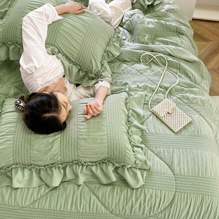 91家纺网 家纺一手货源 找家纺 吾诺 2022 梦幻泡泡纱夏被四件套公主风小清新韩版 梦幻绿