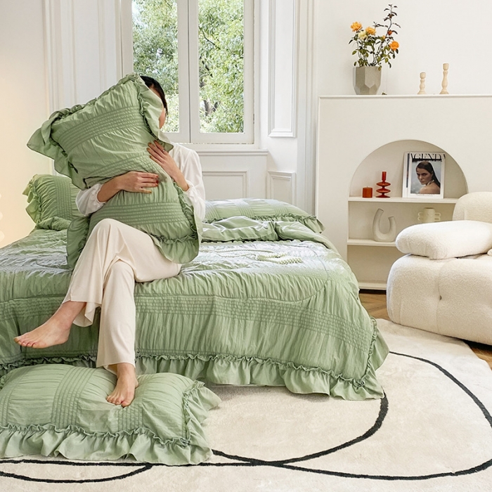 91家纺网 家纺一手货源 找家纺 吾诺 2022 梦幻泡泡纱夏被四件套公主风小清新韩版 梦幻绿