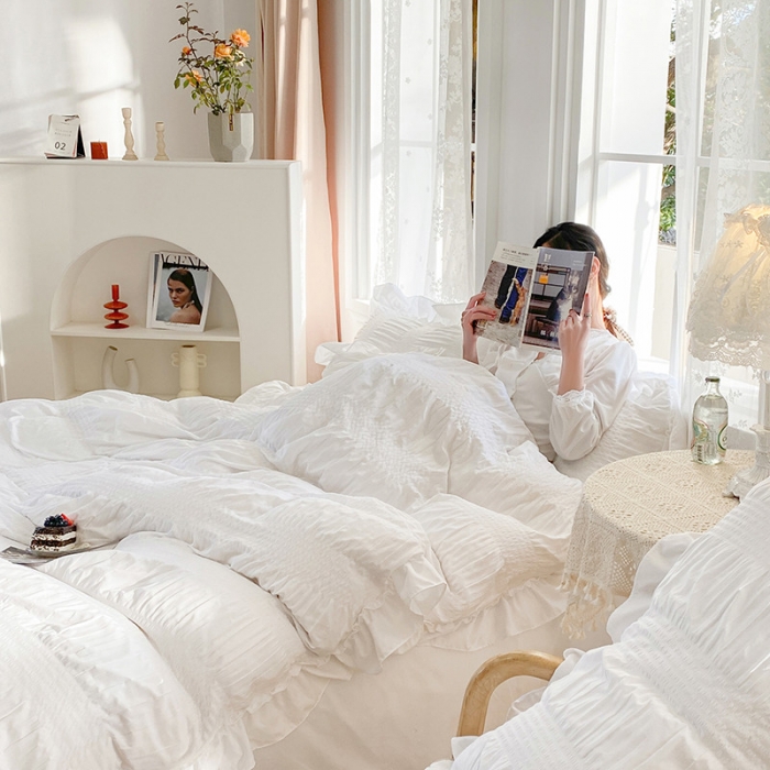 91家纺网 家纺一手货源 找家纺 吾诺 2022 美美公主泡泡纱四件套 韩式韩版小清新 公主白