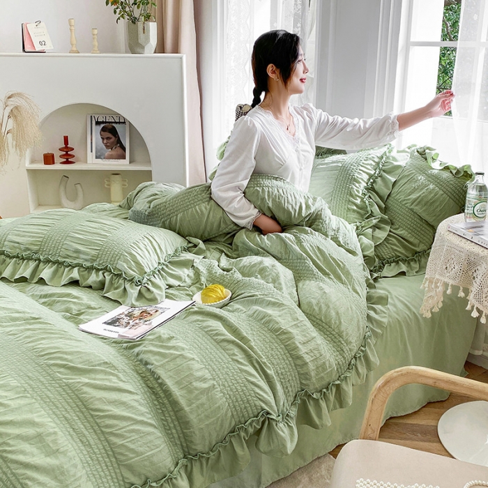 91家纺网 家纺一手货源 找家纺 吾诺 2022 美美公主泡泡纱四件套 韩式韩版小清新 公主绿