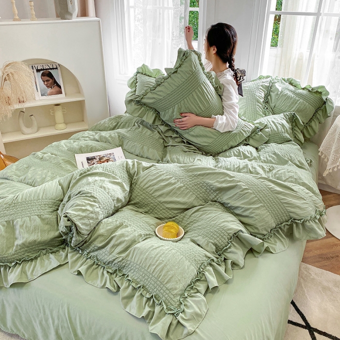 91家纺网 家纺一手货源 找家纺 吾诺 2022 美美公主泡泡纱四件套 韩式韩版小清新 公主绿