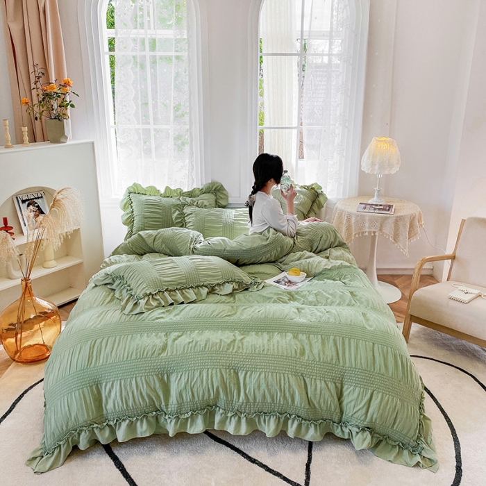 91家纺网 家纺一手货源 找家纺 吾诺 2022 美美公主泡泡纱四件套 韩式韩版小清新 公主绿