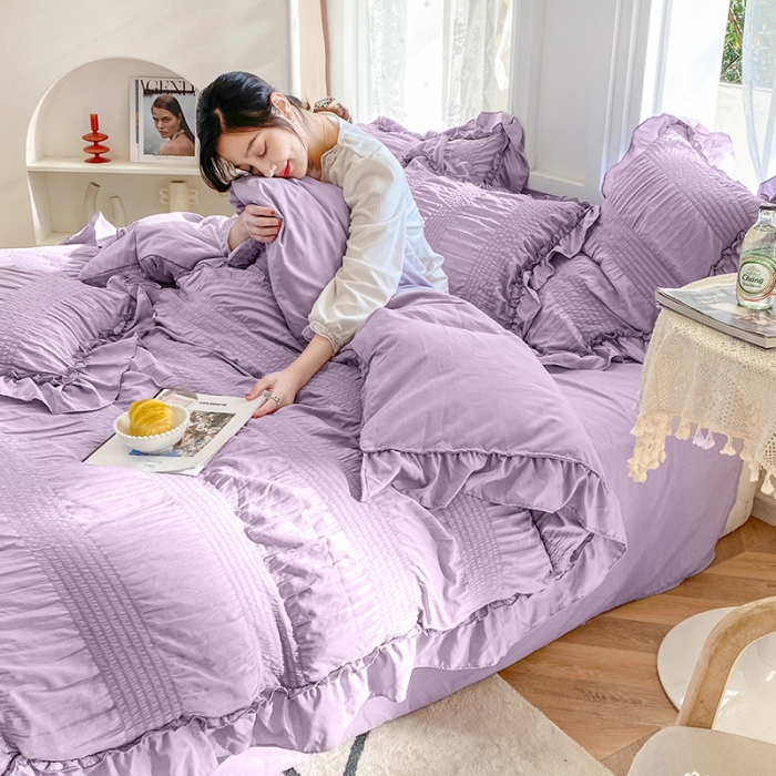 91家纺网 家纺一手货源 找家纺 吾诺 2022 美美公主泡泡纱四件套 韩式韩版小清新 公主紫