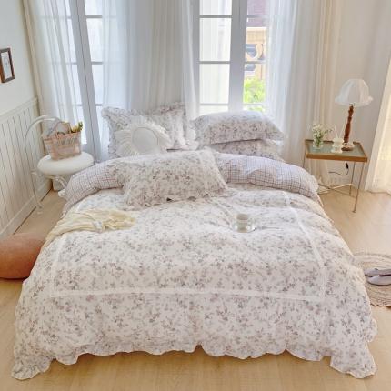 91家纺网 家纺一手货源 找家纺 眠屿 2022新款全棉小碎花法式花边四件套 春婵