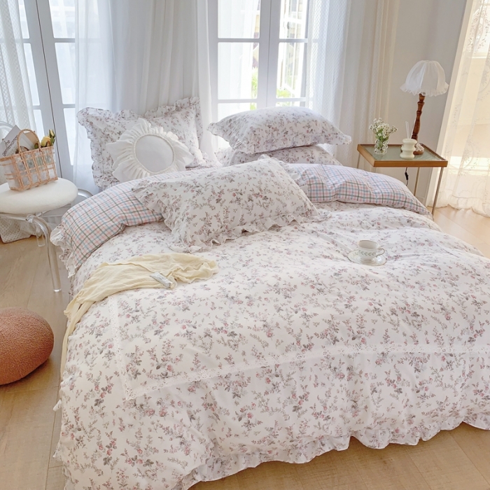 91家纺网 家纺一手货源 找家纺 眠屿 2022新款全棉小碎花法式花边四件套 春婵