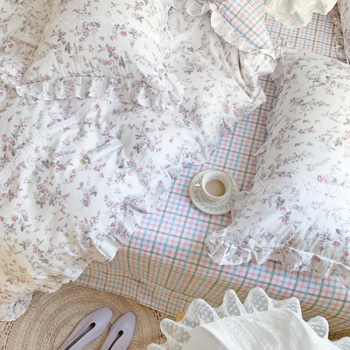 91家纺网 家纺一手货源 找家纺 眠屿 2022新款全棉小碎花法式花边四件套 春婵