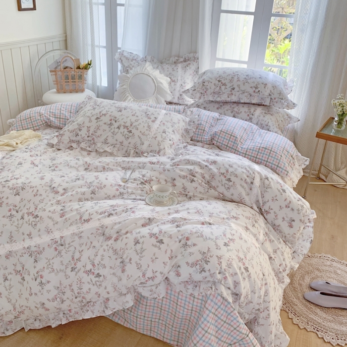 91家纺网 家纺一手货源 找家纺 眠屿 2022新款全棉小碎花法式花边四件套 春婵