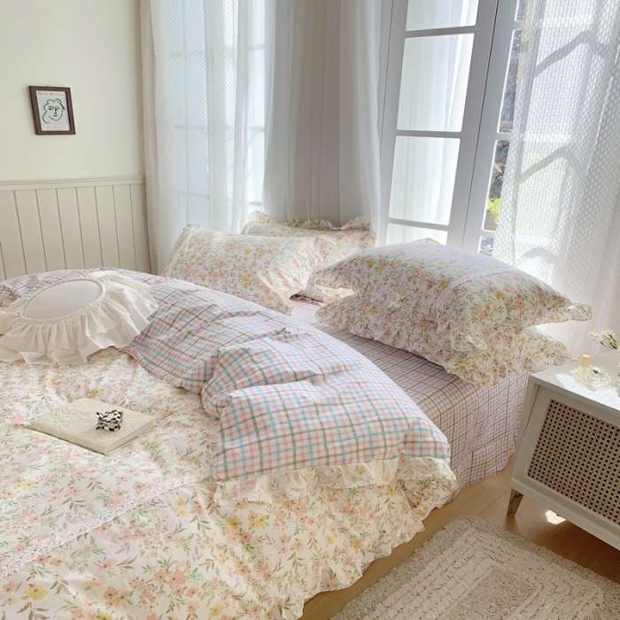 91家纺网 家纺一手货源 找家纺 眠屿 2022新款全棉小碎花法式花边四件套 芳华