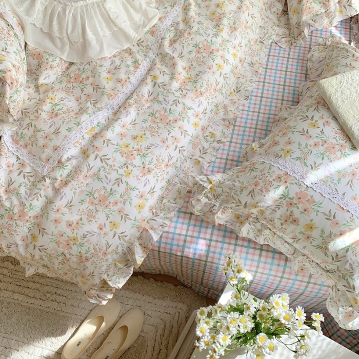 91家纺网 家纺一手货源 找家纺 眠屿 2022新款全棉小碎花法式花边四件套 芳华