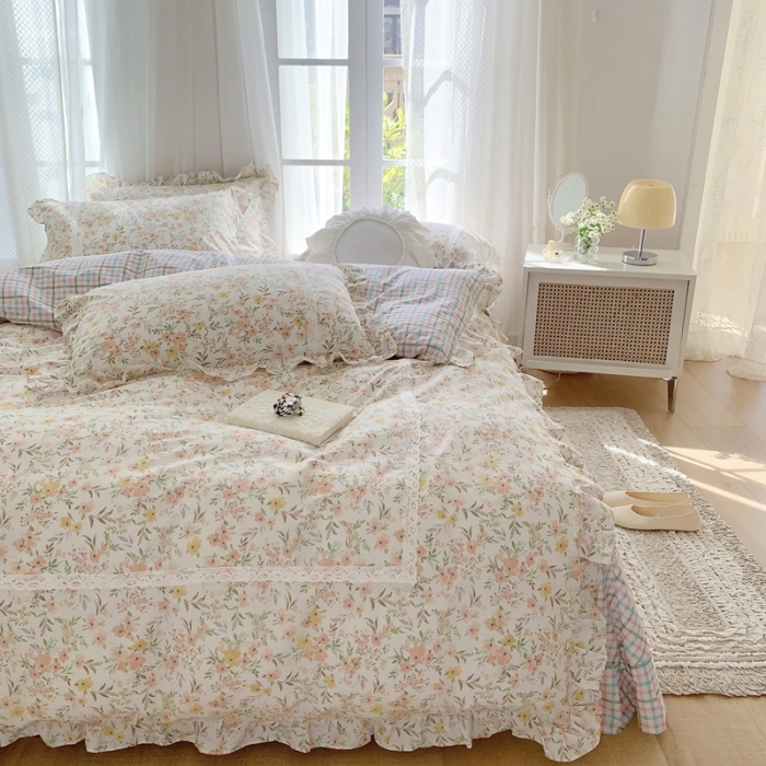 91家纺网 家纺一手货源 找家纺 眠屿 2022新款全棉小碎花法式花边四件套 芳华