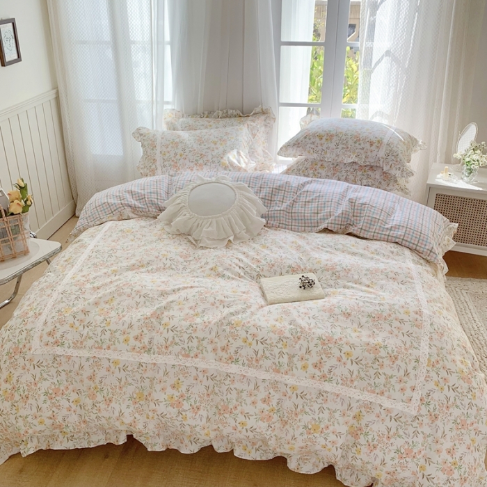 91家纺网 家纺一手货源 找家纺 眠屿 2022新款全棉小碎花法式花边四件套 芳华