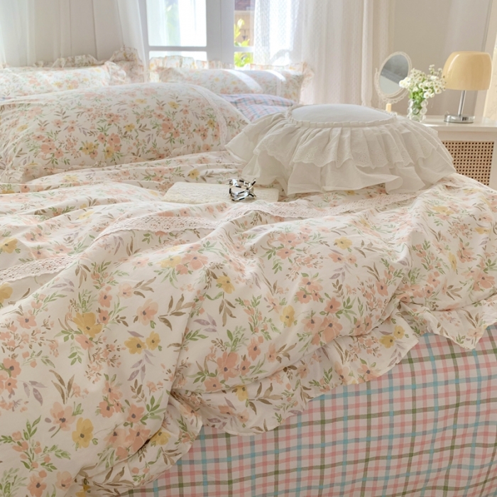 91家纺网 家纺一手货源 找家纺 眠屿 2022新款全棉小碎花法式花边四件套 芳华