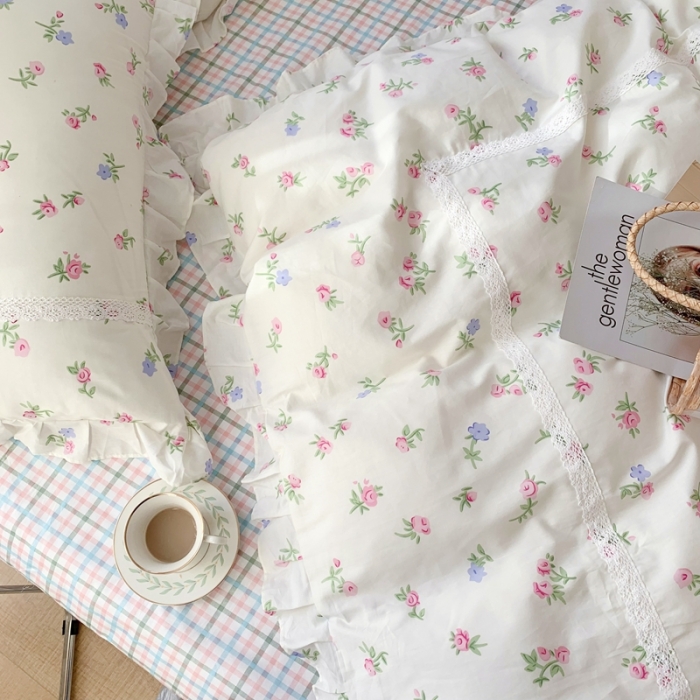 91家纺网 家纺一手货源 找家纺 眠屿 2022新款全棉小碎花法式花边四件套 韩式小花