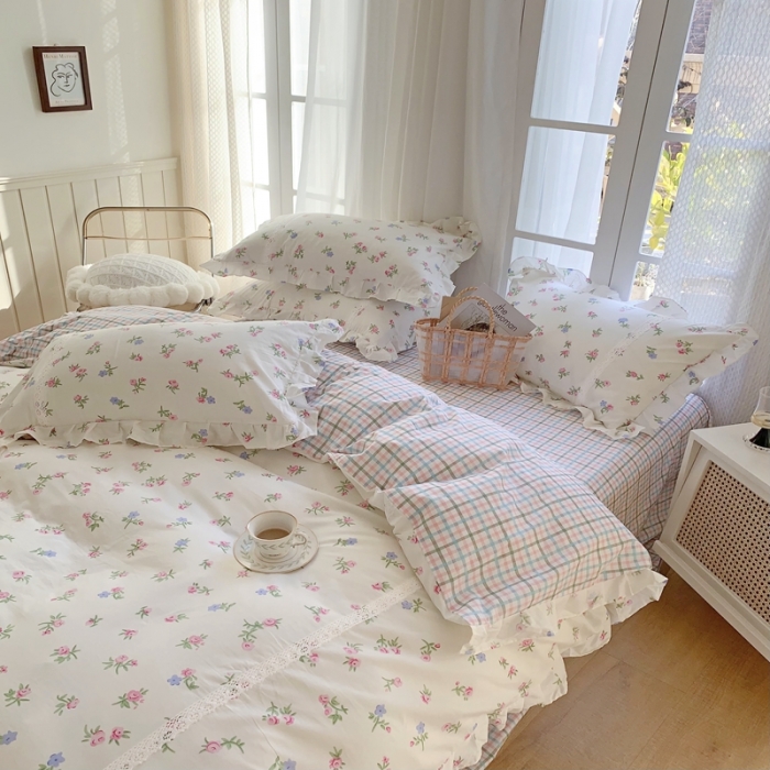 91家纺网 家纺一手货源 找家纺 眠屿 2022新款全棉小碎花法式花边四件套 韩式小花