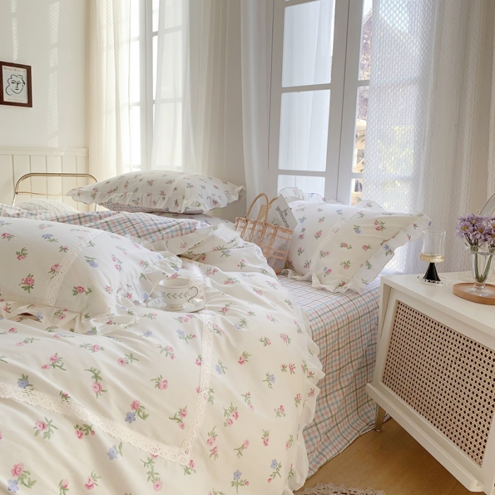 91家纺网 家纺一手货源 找家纺 眠屿 2022新款全棉小碎花法式花边四件套 韩式小花